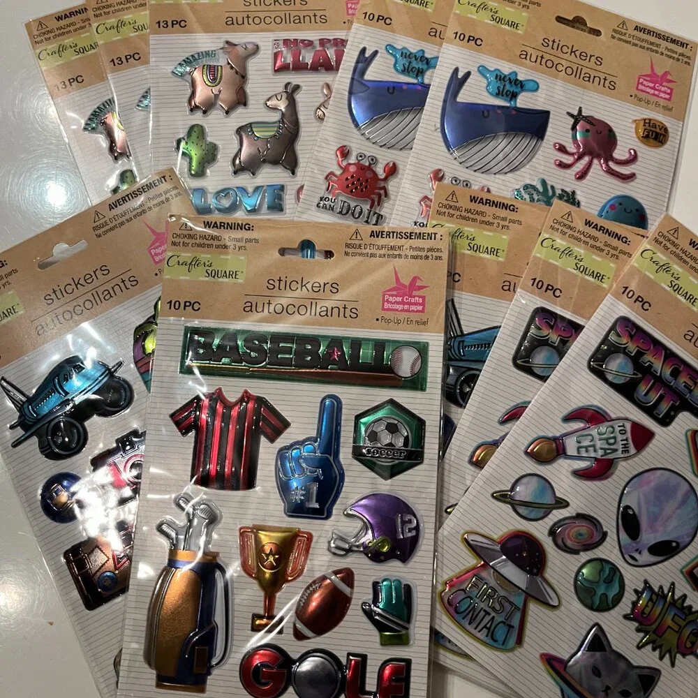Metallic Puffy Stickers 10 Packs (Space Ocean Llamas Travel Sports) NEW‎
